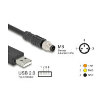 Delock M8 A-kodiert 3 Pin Serielles Anschlusskabel mit FTDI Chipsatz, USB 2.0 Typ-A Stecker zu M8 RS-232 Stecker 1,8 m schwarz