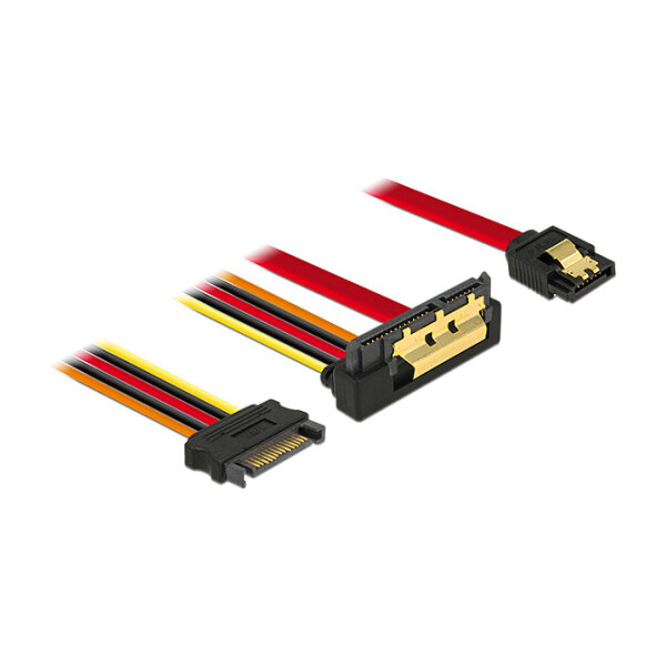Delock Kabel SATA 6 Gb/s 7 Pin Buchse + SATA 15 Pin Strom Stecker > SATA 22 Pin Buchse unten gewinkelt Metall 30 cm