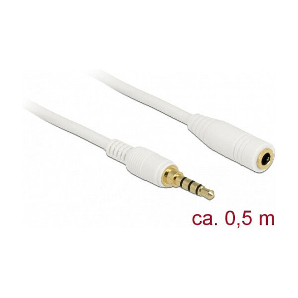 Delock Klinkenverlängerungskabel 3,5 mm 4 Pin Stecker zu Buchse 0,5 m weiß