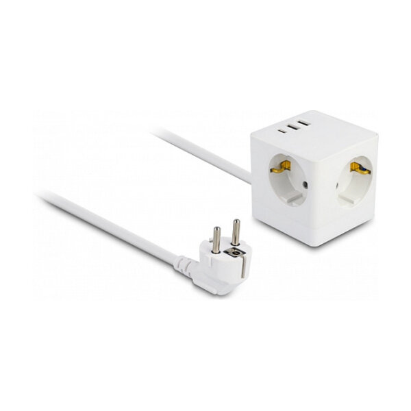 Delock Steckdosenwürfel mit Verlängerungskabel 3-fach mit Kindersicherung und USB Ladegerät, 1,5 m Kabel, weiß