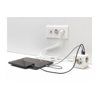 Delock Steckdosenwürfel mit Verlängerungskabel 3-fach mit Kindersicherung und USB Ladegerät, 1,5 m Kabel, weiß