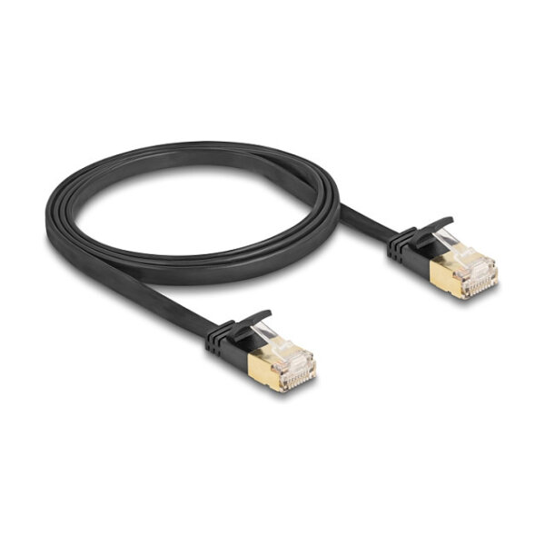 Delock RJ45 Netzwerkkabel Cat.6A Stecker zu Stecker mit robuster Rastnase und Cat.7 Rohflachbandkabel U/FTP 1 m schwarz
