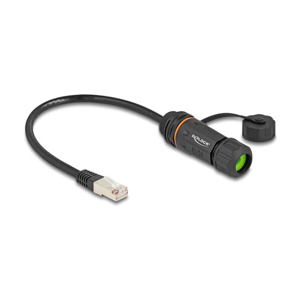 Delock Kabel RJ45 Stecker zu RJ45 Buchse Cat.6A zum Einbau mit M20 Gewinde und Gehäuse IP68 staub- und wasserdicht 25 cm schwarz