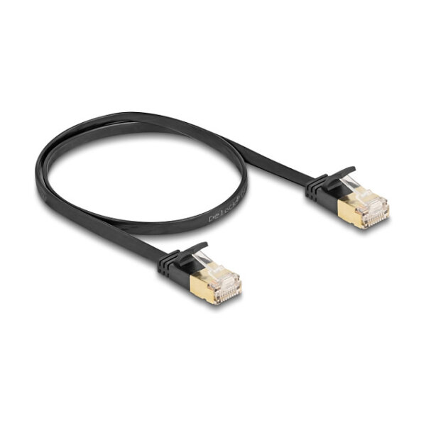 Delock RJ45 Netzwerkkabel Cat.6A Stecker zu Stecker mit robuster Rastnase und Cat.7 Rohflachbandkabel U/FTP 0,5 m schwarz