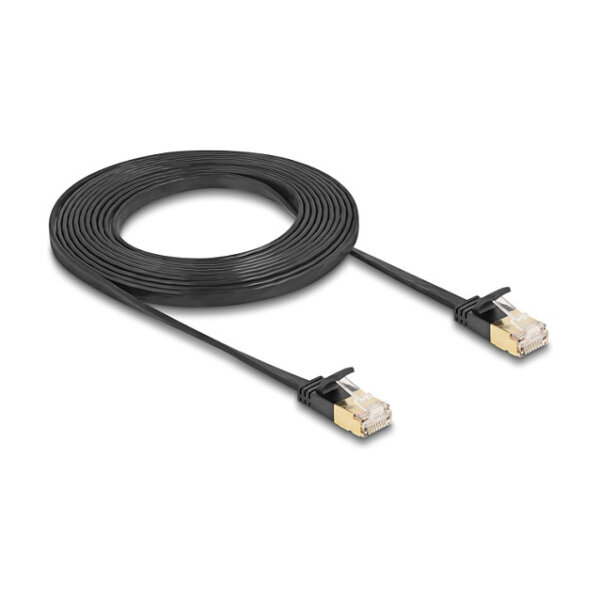 Delock RJ45 Netzwerkkabel Cat.6A Stecker zu Stecker mit robuster Rastnase und Cat.7 Rohflachbandkabel U/FTP 3 m schwarz