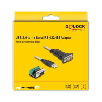 Delock Adapter USB 2.0 Typ-A zu 1 x Seriell RS-422/485 Stecker mit 6 Pin Terminalblock 5 V 1 m