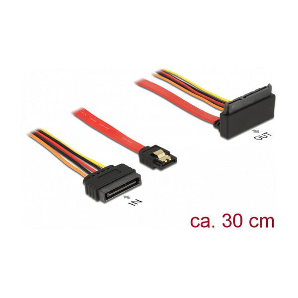 Delock Kabel SATA 6 Gb/s 7 Pin Buchse + SATA 15 Pin Strom Stecker > SATA 22 Pin Buchse oben gewinkelt Metall 30 cm