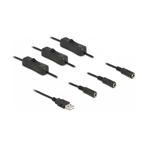 Delock Kabel USB Typ-A Stecker zu 3 x DC 5,5 x 2,1 mm Buchse mit Schalter 1 m