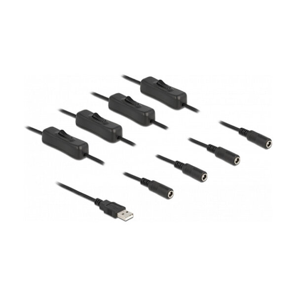 Delock Kabel USB Typ-A Stecker zu 4 x DC 5,5 x 2,1 mm Buchse mit Schalter 1 m