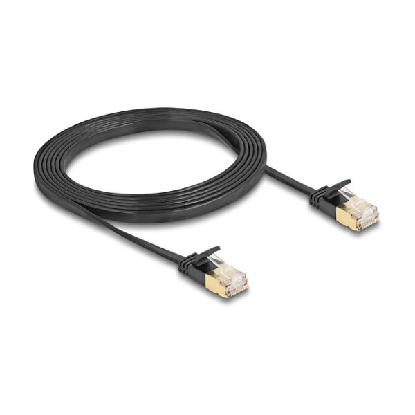 Delock RJ45 Netzwerkkabel Cat.6A Stecker zu Stecker mit robuster Rastnase und Cat.7 Rohflachbandkabel U/FTP 2 m schwarz