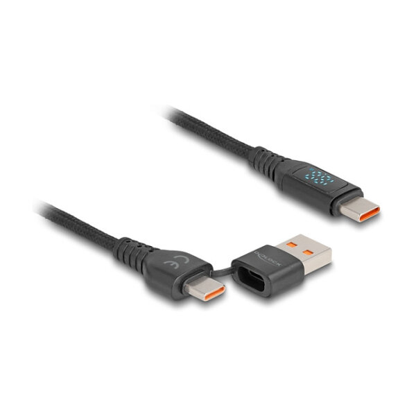 Delock USB 2.0 Daten- und Schnellladekabel USB Type-C™ + USB Typ-A Stecker zu USB Type-C™ Stecker PD 3.1 140 W mit Leistungsanzeige 1,20 m