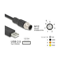 Delock M12 Serielles Anschlusskabel mit FTDI Chipsatz, USB 2.0 Typ-A Stecker zu M12 RS-232 Stecker A-kodiert 8 Pin 1,8 m schwarz