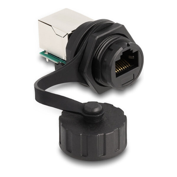 Delock Kabelverbinder RJ50 Buchse zu RJ50 Buchse zum Einbau mit Verschlusskappe IP68 staub- und wasserdicht schwarz