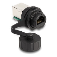 Delock Kabelverbinder RJ50 Buchse zu RJ50 Buchse zum Einbau mit Verschlusskappe IP68 staub- und wasserdicht schwarz