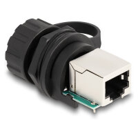 Delock Kabelverbinder RJ50 Buchse zu RJ50 Buchse zum Einbau mit Verschlusskappe IP68 staub- und wasserdicht schwarz
