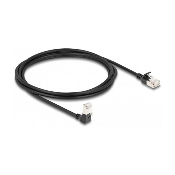 Delock RJ45 Netzwerkkabel Cat.6A S/FTP Slim 90° unten gewinkelt / gerade 2 m schwarz