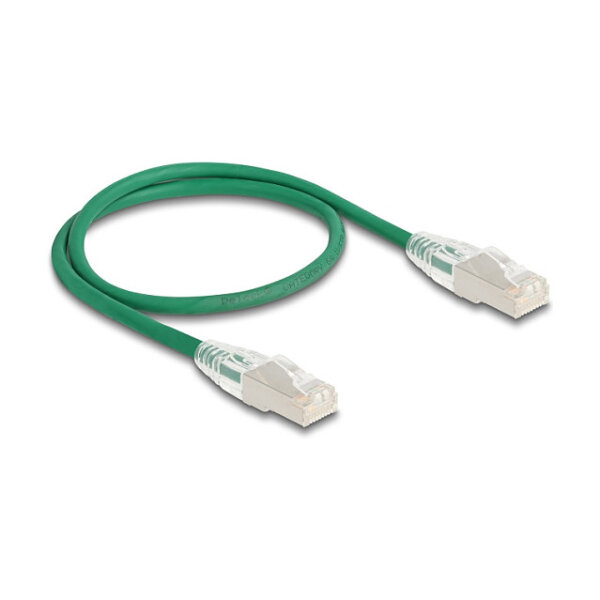 Delock RJ45 Netzwerkkabel Cat.6A Stecker zu Stecker mit gebogener Rastnase U/FTP Slim 0,5 m grün