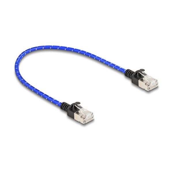 Delock RJ45 Netzwerkkabel mit Geflechtmantel Cat.6A U/FTP Slim 0,3 m blau
