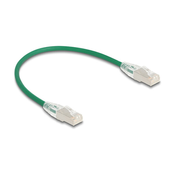 Delock RJ45 Netzwerkkabel Cat.6A Stecker zu Stecker mit gebogener Rastnase U/FTP Slim 0,3 m grün