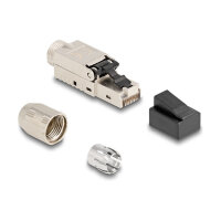 Delock RJ45 Stecker feldkonfektionierbar Cat.6A mit Kabelverschraubung und Staubschutz werkzeugfrei