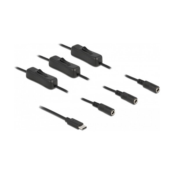 Delock Kabel USB Type-C™ Stecker zu 3 x DC 5,5 x 2,1 mm Buchse mit Schalter 1 m
