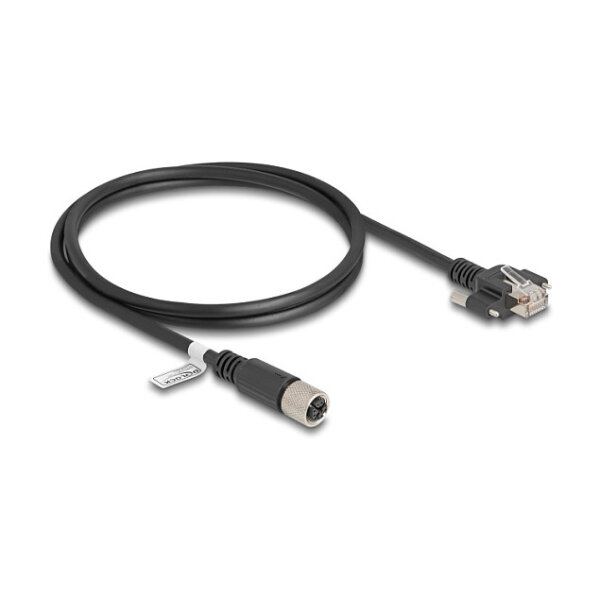 Delock M12 Kabel X-kodiert 8 Pin Buchse zu RJ45 Stecker mit Schrauben Cat.6A S/FTP 1 m schwarz