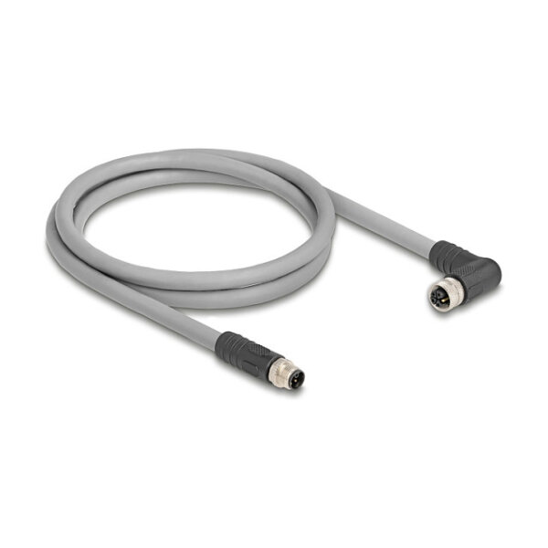 Delock M12 Kabel L-kodiert 5 Pin Stecker gerade zu Buchse rechts gewinkelt PUR schleppkettentauglich 1 m grau