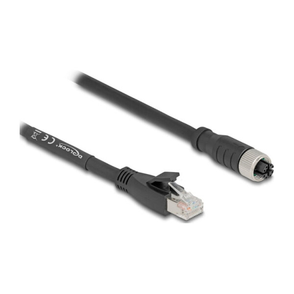 Delock M12 Kabel X-kodiert 8 Pin Buchse zu RJ45 Stecker Cat.5e S/FTP flexibel 1 m schwarz