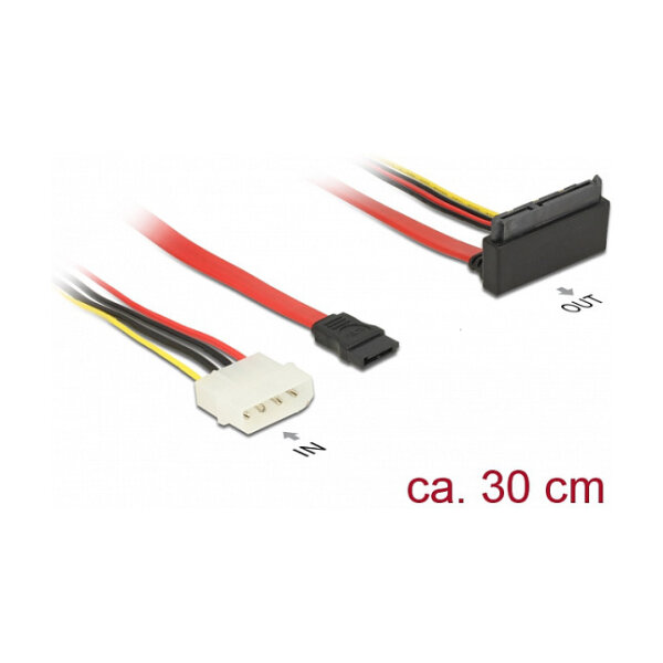 Delock Kabel SATA 6 Gb/s 7 Pin Buchse + Molex 4 Pin Strom Stecker > SATA 22 Pin Buchse oben gewinkelt Metall 30 cm