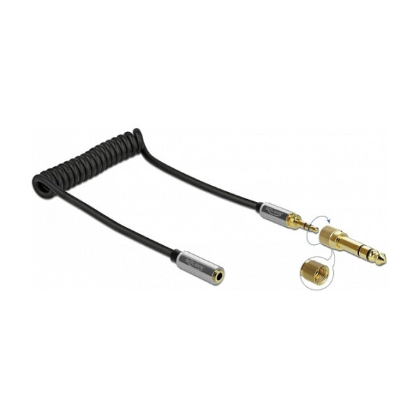 Delock Spiralkabel Verlängerung 3,5 mm 3 Pin Klinkenstecker zu Klinkenbuchse mit 6,35 mm Schraubadapter 1 m