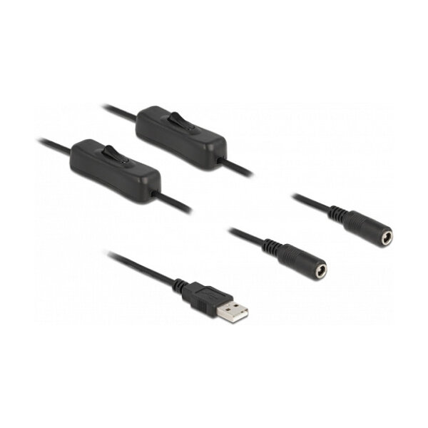 Delock Kabel USB Typ-A Stecker zu 2 x DC 5,5 x 2,1 mm Buchse mit Schalter 1 m