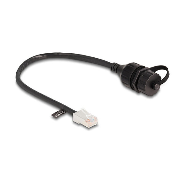 Delock Kabel RJ45 Stecker zu RJ45 Buchse zum Einbau mit Verschlusskappe Cat.5e FTP IP68 staub- und wasserdicht 25 cm schwarz