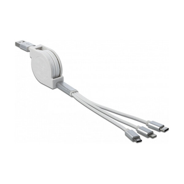 Delock USB Typ-A 3 in 1 Aufrollladekabel für Lightning™ / Micro USB / USB Type-C™ weiß
