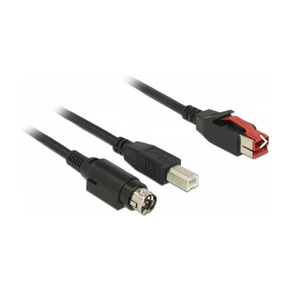 Delock PoweredUSB Kabel Stecker 24 V > USB Typ-B Stecker + Hosiden Mini-DIN 3 Pin Stecker 1 m für POS Drucker und Terminals