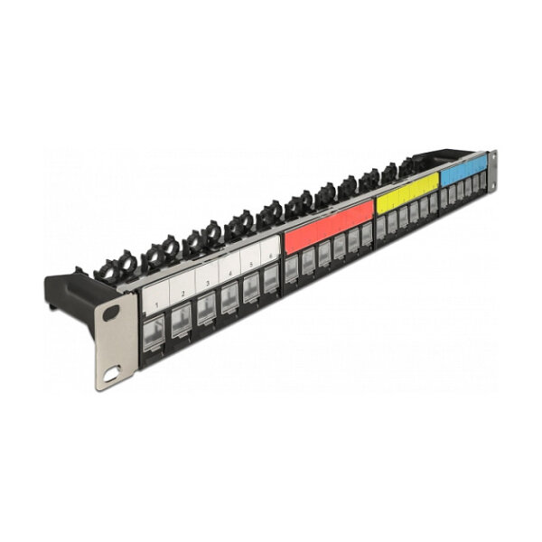 Delock 19? Keystone Patchpanel 24 Port mit Kabelbefestigungsschiene, Beschriftungsfeld und Staubschutz 1 HE schwarz