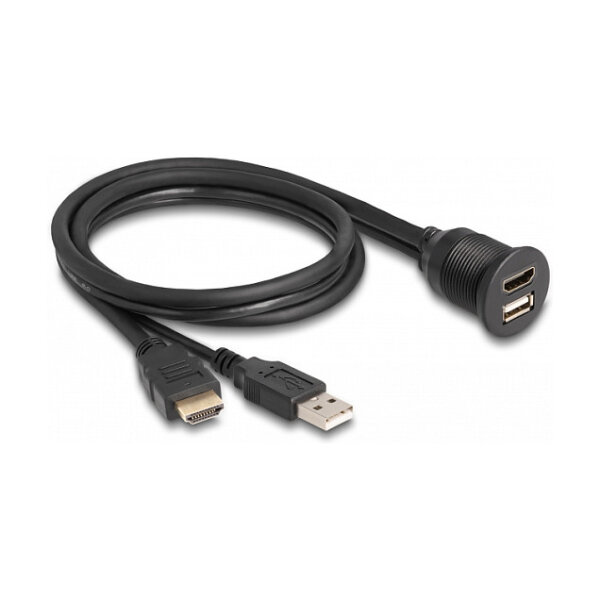 Delock Kabel HDMI-A Stecker und USB 2.0 Typ-A Stecker zu HDMI-A Buchse und USB 2.0 Typ-A Buchse zum Einbau wasserfest 1 m