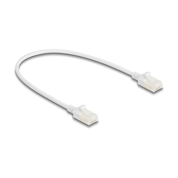 Delock RJ45 Netzwerkkabel Cat.6A Stecker zu Stecker mit robuster Rastnase Industrietauglich U/UTP Slim 0,3 m weiß