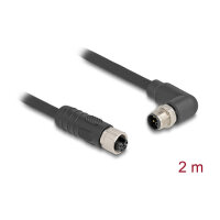 Delock M12 Kabel L-kodiert 4 Pin Stecker rechts gewinkelt zu Buchse gerade PUR schleppkettentauglich 2 m schwarz