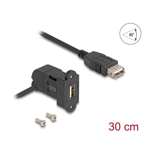 Delock Keystone Modul USB 2.0 Typ-A Einbaubuchse 45° gewinkelt zu Typ-A Buchse mit 30 cm Kabel schwarz