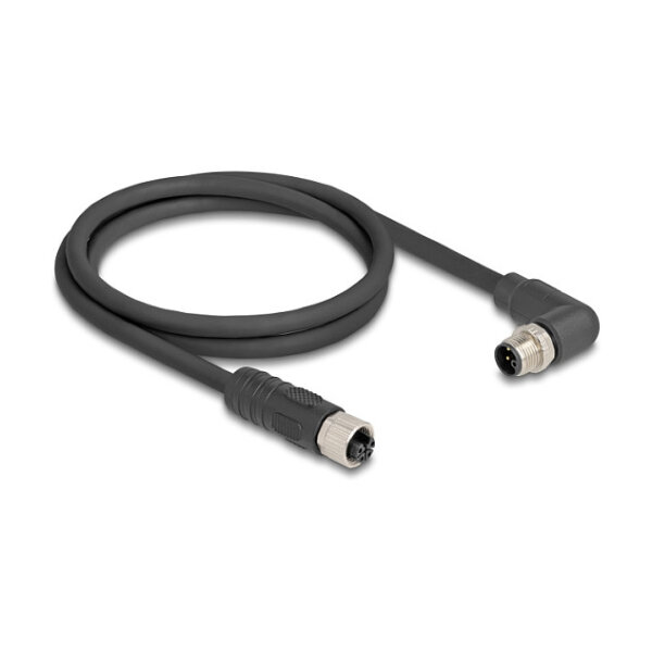 Delock M12 Kabel L-kodiert 4 Pin Stecker rechts gewinkelt zu Buchse gerade PUR schleppkettentauglich 3 m schwarz