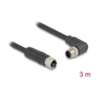 Delock M12 Kabel L-kodiert 4 Pin Stecker rechts gewinkelt zu Buchse gerade PUR schleppkettentauglich 3 m schwarz