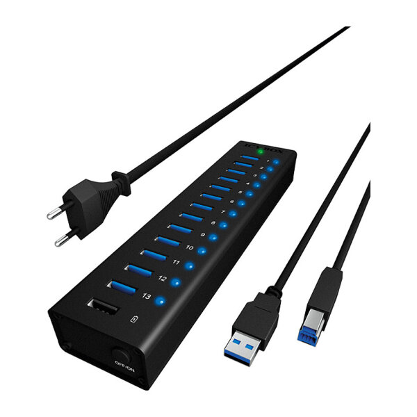 HUB USB 3.0 . 13 Port. +1x Ladeport Aluminium-mit Netzteil ICY BOX