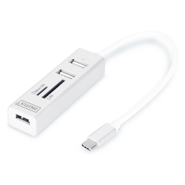 DIGITUS USB-C-Hub 3-Port 2.0->3xA2.0 1xReader in.Kabel weiß