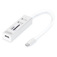 DIGITUS USB-C-Hub 3-Port 2.0->3xA2.0 1xReader in.Kabel weiß