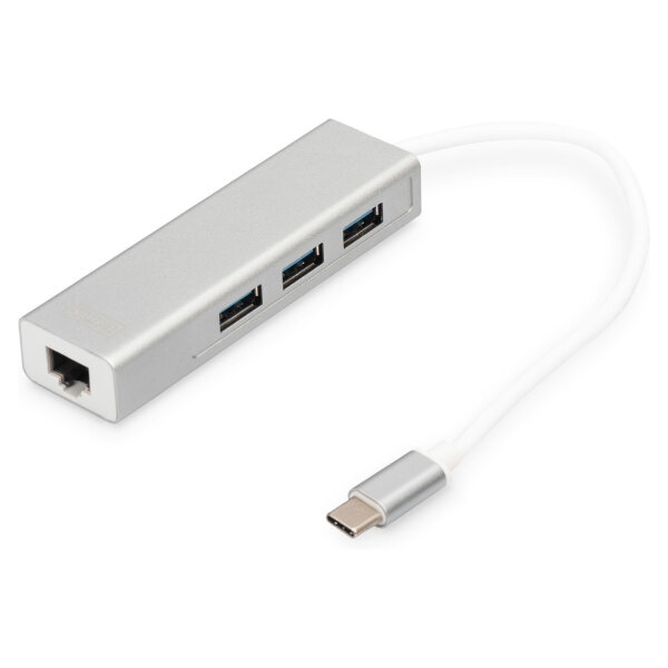 DIGITUS USB Adapter USB3.0/C -> GB Ethernet+3-Port-Hub weiss