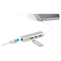 DIGITUS USB Adapter USB3.0/C -> GB Ethernet+3-Port-Hub weiss