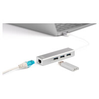 DIGITUS USB Adapter USB3.0/C -> GB Ethernet+3-Port-Hub weiss