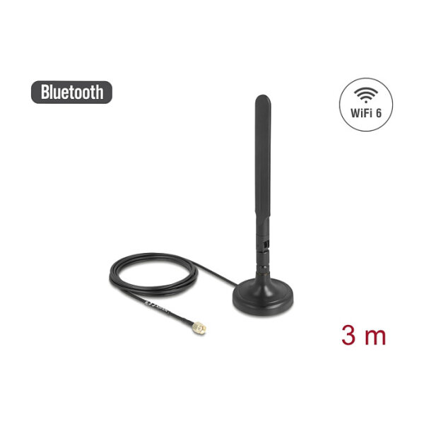 Delock WiFi 6 Antenne RP-SMA Stecker 3 dBi omnidirektional mit Anschlusskabel RG-174 3 m mit Kippgelenk mit magnetischem Standfuß schwarz