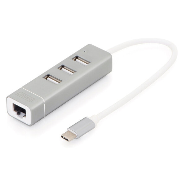 DIGITUS USB Adapter USB2.0/C -> RJ45 Ethernet+3-Port-Hub wei