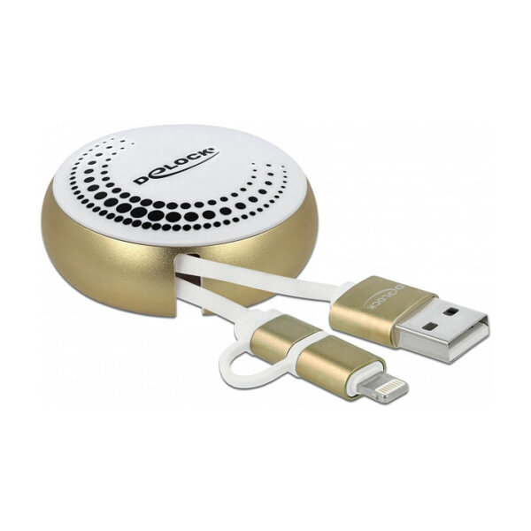 Delock USB 2 in 1 Aufrollkabel Typ-A zu Micro-B und Lightning™ weiß / gold